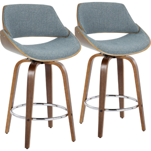 Fabrizzi 26" Swivel Counter Stool in Walnut Wood & Blue Fabric with Chrome Footrest (Set of 2)